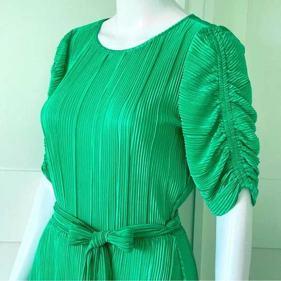 DKNY Satin Pleated Dress Ruched Sleeve Crew Neck Tie-Waist A-Line Pullover Style - Picture 6 of 16